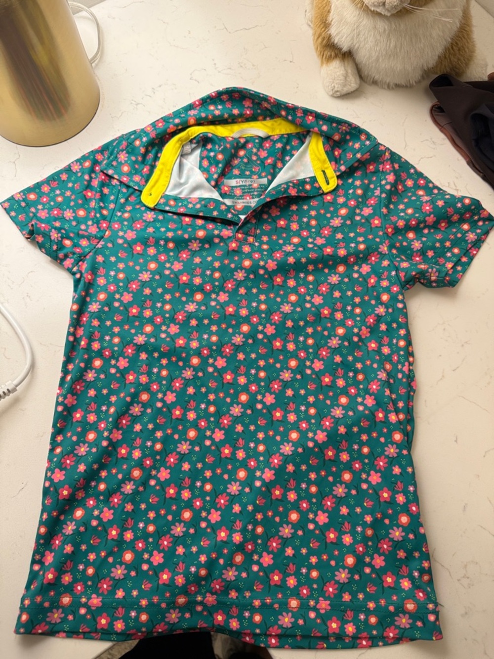 Kids Floral Polo Shirt - Teal with Pink Flowers